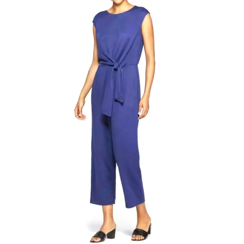 PROLOGUE‎ JUMPSUIT Navy Blue Stretch Knit Cropped Leg Wrap Tie Front Sz XL